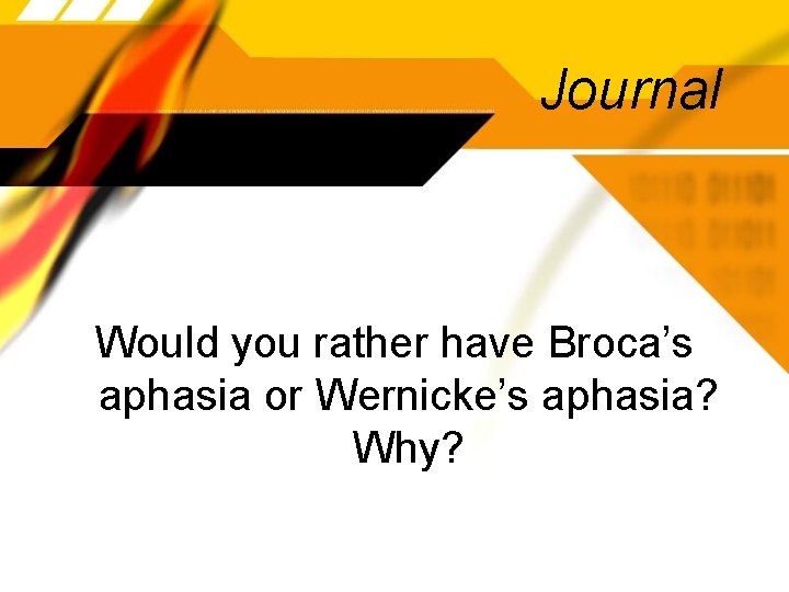 Journal Would you rather have Broca’s aphasia or Wernicke’s aphasia? Why? 
