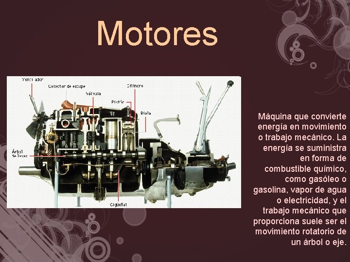 Motores Máquina que convierte energía en movimiento o trabajo mecánico. La energía se suministra