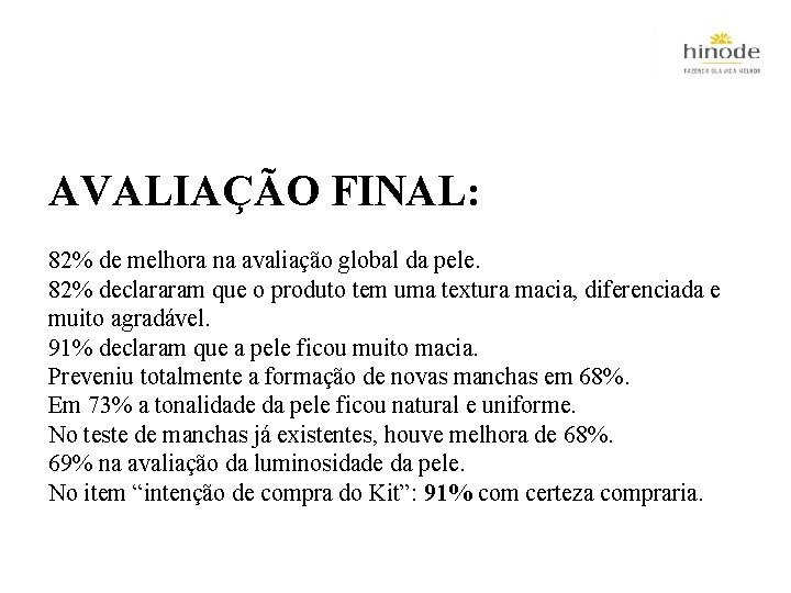 AVALIAÇÃO FINAL: 82% de melhora na avaliação global da pele. 82% declararam que o