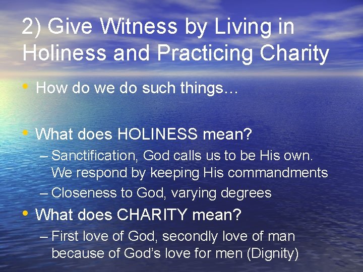 2) Give Witness by Living in Holiness and Practicing Charity • How do we