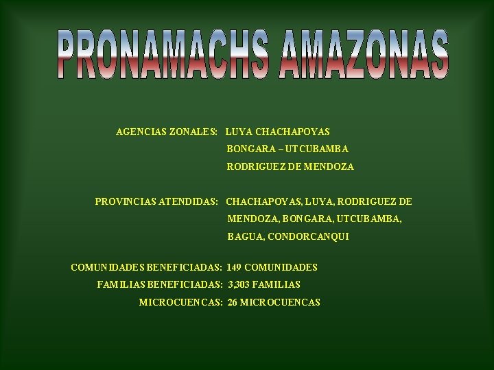 AGENCIAS ZONALES: LUYA CHACHAPOYAS BONGARA – UTCUBAMBA RODRIGUEZ DE MENDOZA PROVINCIAS ATENDIDAS: CHACHAPOYAS, LUYA,