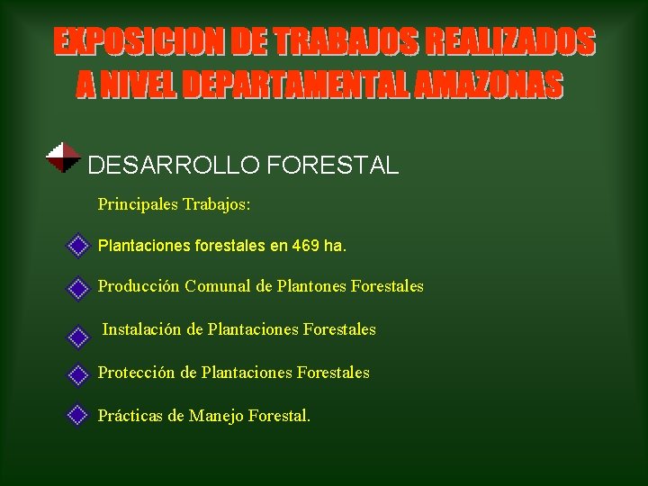 DESARROLLO FORESTAL Principales Trabajos: Plantaciones forestales en 469 ha. Producción Comunal de Plantones Forestales