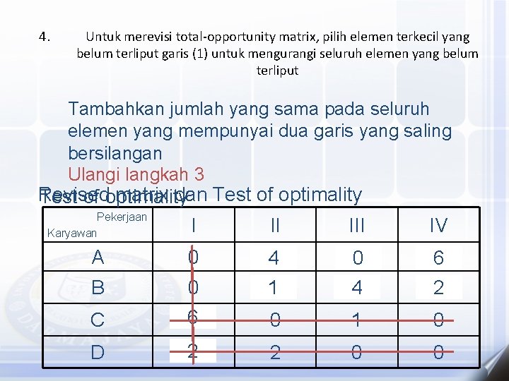 4. Untuk merevisi total-opportunity matrix, pilih elemen terkecil yang belum terliput garis (1) untuk 4. Untuk merevisi total-opportunity matrix, pilih elemen terkecil yang belum terliput garis (1) untuk