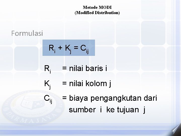 Metode MODI (Modified Distribution) Formulasi Ri + Kj = Cij Ri = nilai baris