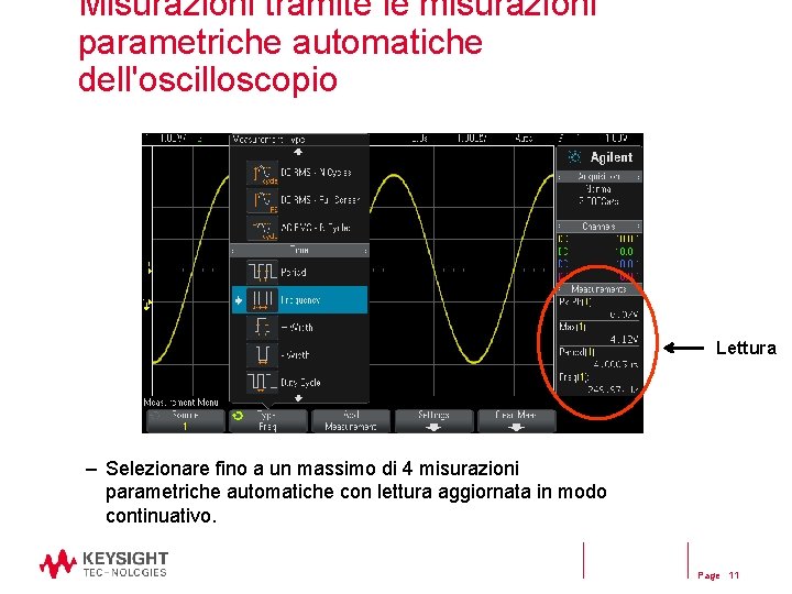 Misurazioni tramite le misurazioni parametriche automatiche dell'oscilloscopio Lettura – Selezionare fino a un massimo