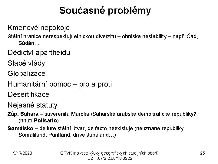 Současné problémy Kmenové nepokoje Státní hranice nerespektují etnickou diverzitu – ohniska nestability – např.