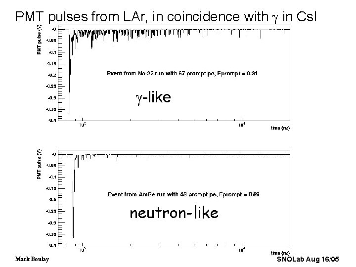 PMT pulses from LAr, in coincidence with g in Cs. I g-like neutron-like Mark