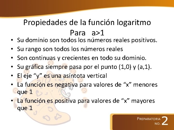 Propiedades de la función logaritmo Para a>1 Su dominio son todos los números reales