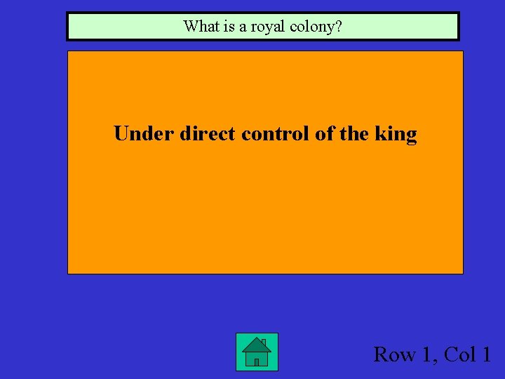 What is a royal colony? Under direct control of the king Row 1, Col