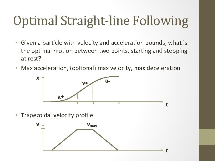 Optimal Straight-line Following • Given a particle with velocity and acceleration bounds, what is