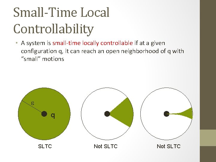 Small-Time Local Controllability • A system is small-time locally controllable if at a given