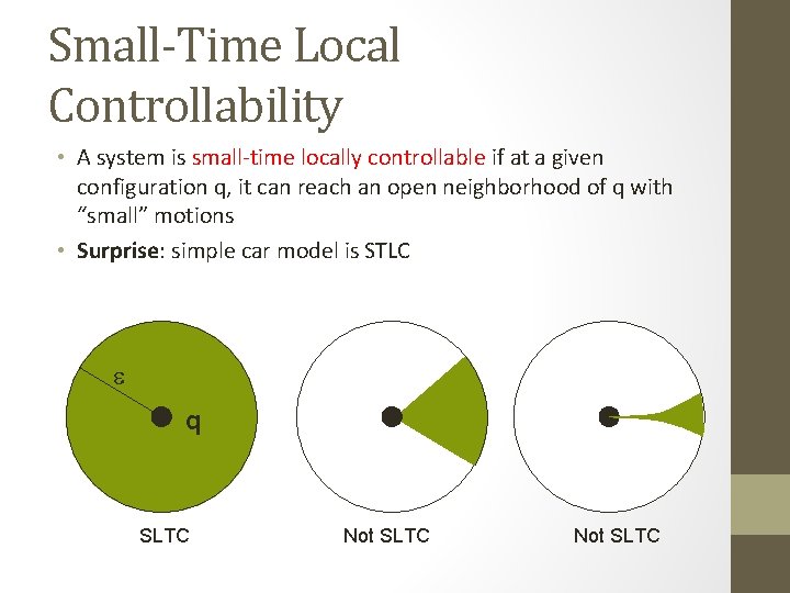 Small-Time Local Controllability • A system is small-time locally controllable if at a given