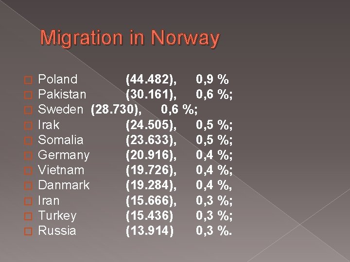 Migration in Norway � � � Poland (44. 482), 0, 9 % Pakistan (30.