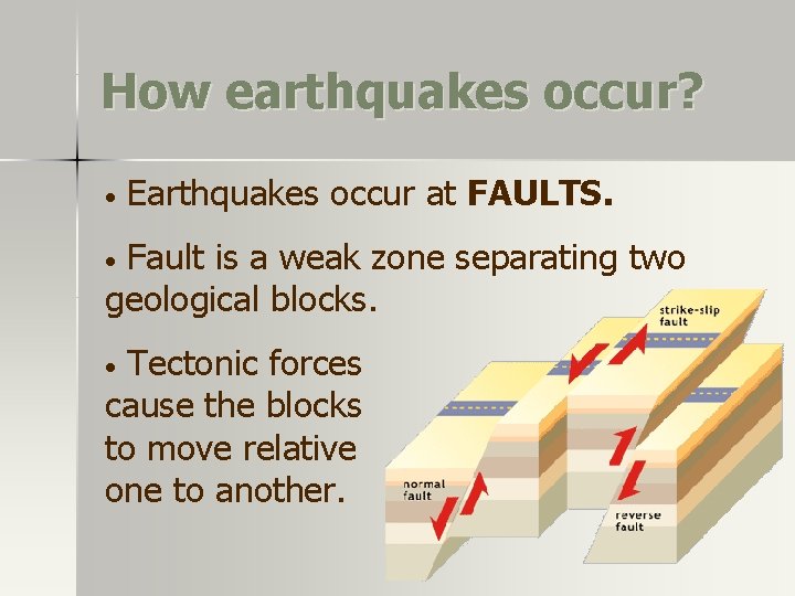 How earthquakes occur? • Earthquakes occur at FAULTS. • Fault is a weak zone How earthquakes occur? • Earthquakes occur at FAULTS. • Fault is a weak zone