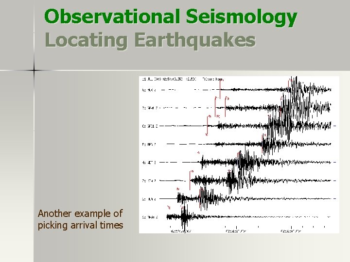 Observational Seismology Locating Earthquakes Another example of picking arrival times Observational Seismology Locating Earthquakes Another example of picking arrival times