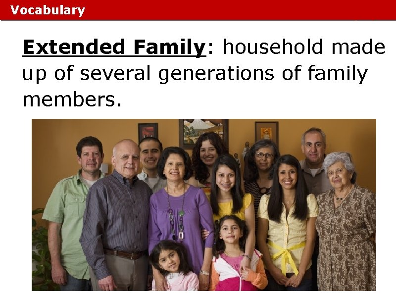 Vocabulary Extended Family: household made up of several generations of family members. Vocabulary Extended Family: household made up of several generations of family members.