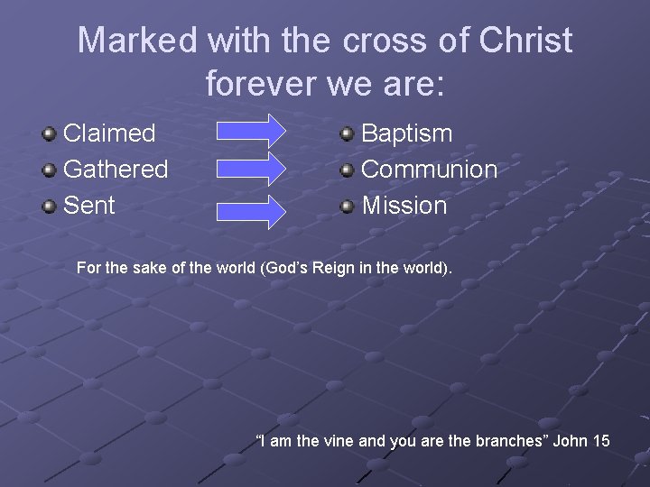 Marked with the cross of Christ forever we are: Claimed Gathered Sent Baptism Communion