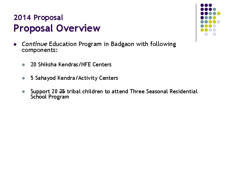 2014 Proposal Overview l Continue Education Program in Badgaon with following components: l 20