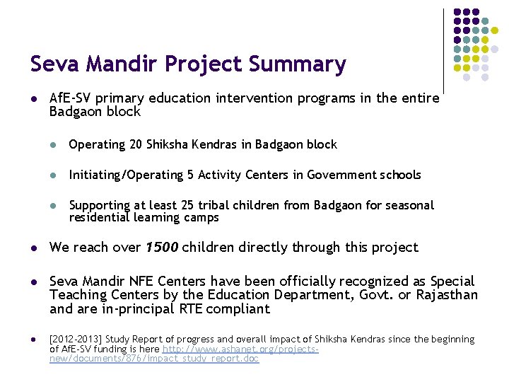 Seva Mandir Project Summary l Af. E-SV primary education intervention programs in the entire
