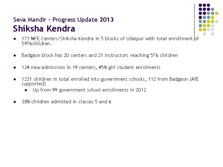 Seva Mandir – Progress Update 2013 Shiksha Kendra l 171 NFE Centers/Shiksha Kendra in