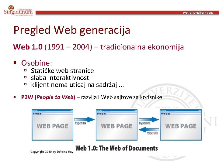 Prof. dr Angelina Njeguš Pregled Web generacija Web 1. 0 (1991 – 2004) –