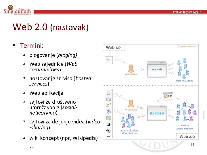 Prof. dr Angelina Njeguš Web 2. 0 (nastavak) § Termini: ú blogovanje (bloging) ú