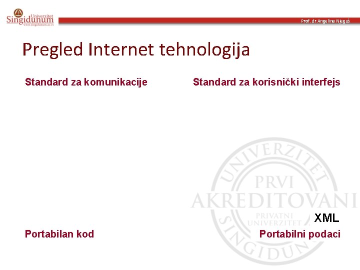 Prof. dr Angelina Njeguš Pregled Internet tehnologija Standard za komunikacije Standard za korisnički interfejs