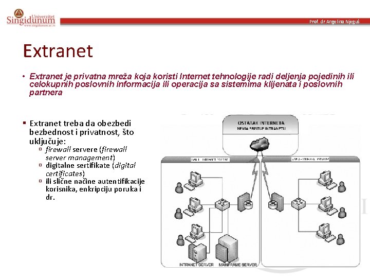 Prof. dr Angelina Njeguš Extranet • Extranet je privatna mreža koja koristi Internet tehnologije