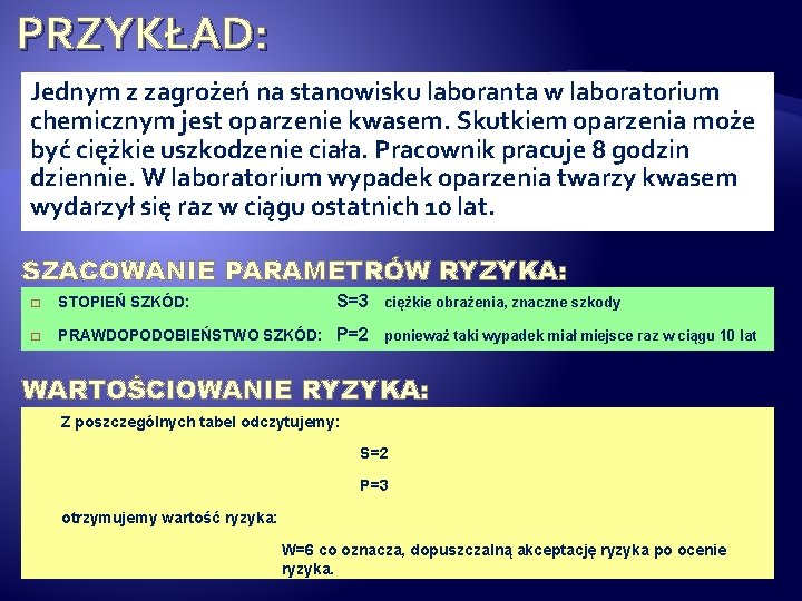 PRZYKŁAD: Jednym z zagrożeń na stanowisku laboranta w laboratorium chemicznym jest oparzenie kwasem. Skutkiem