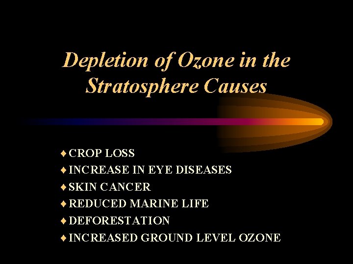 Depletion of Ozone in the Stratosphere Causes CROP LOSS INCREASE IN EYE DISEASES SKIN