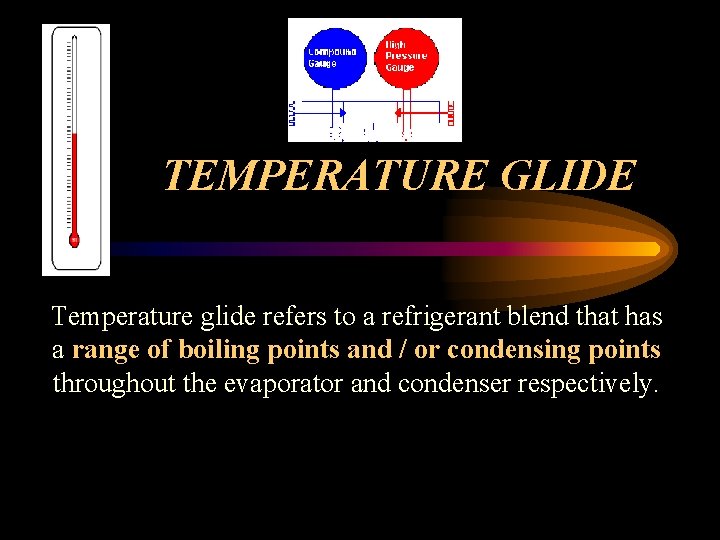 TEMPERATURE GLIDE Temperature glide refers to a refrigerant blend that has a range of