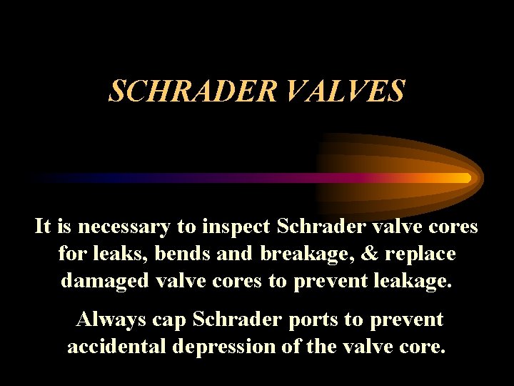 SCHRADER VALVES It is necessary to inspect Schrader valve cores for leaks, bends and
