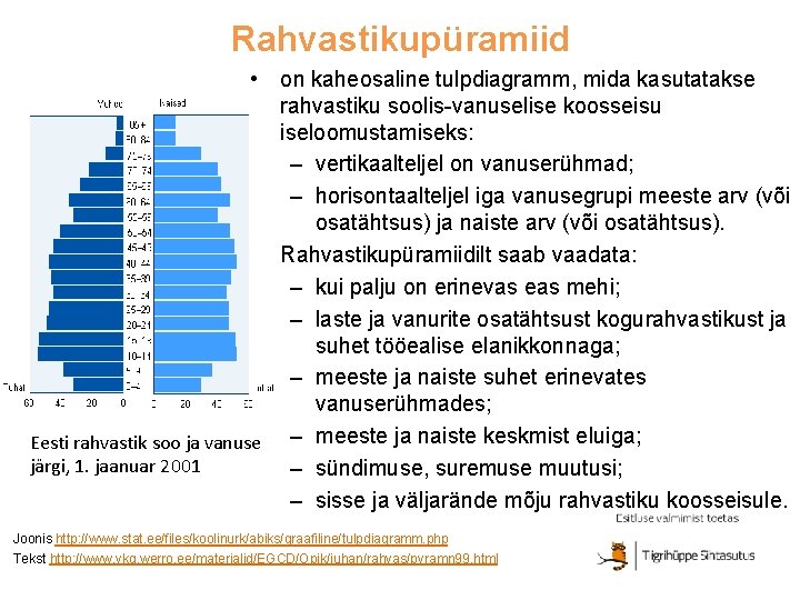 Rahvastikupüramiid • on kaheosaline tulpdiagramm, mida kasutatakse rahvastiku soolis-vanuselise koosseisu iseloomustamiseks: – vertikaalteljel on