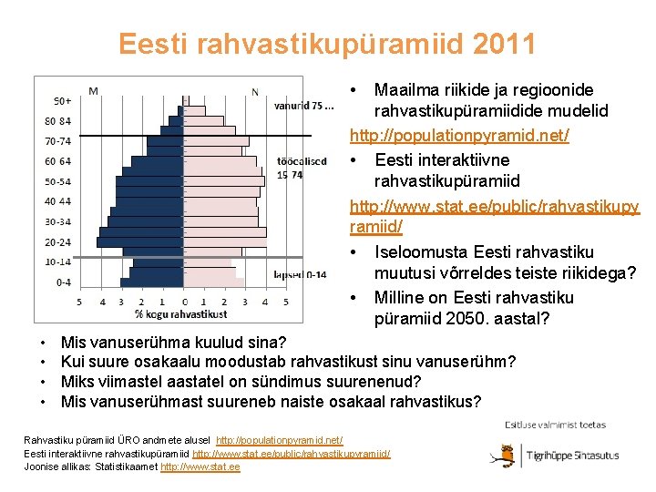 Eesti rahvastikupüramiid 2011 • Maailma riikide ja regioonide rahvastikupüramiidide mudelid http: //populationpyramid. net/ •