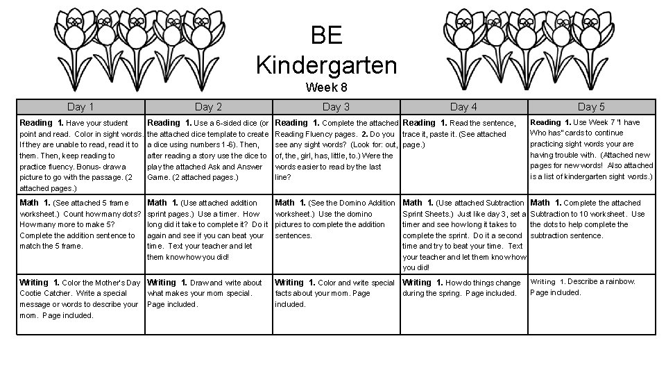 BE Kindergarten Week 8 Day 1 Day 2 Day 3 Day 4 Day 5