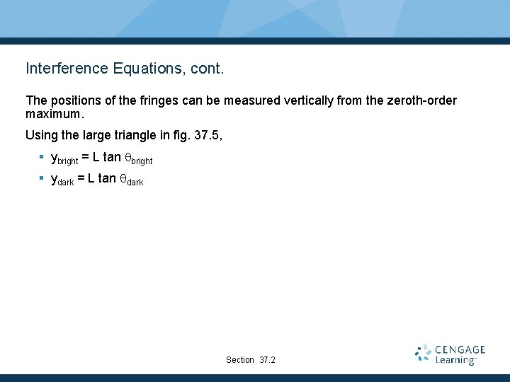 Interference Equations, cont. The positions of the fringes can be measured vertically from the