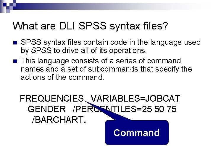 What are DLI SPSS syntax files? n n SPSS syntax files contain code in