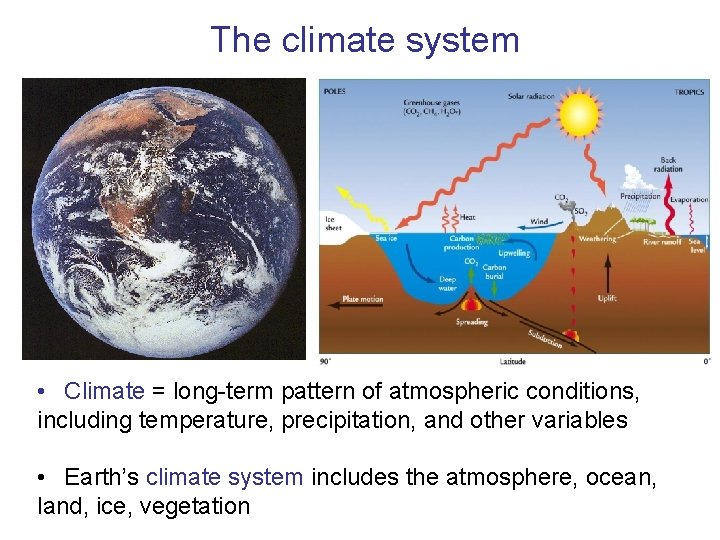 The climate system • Climate = long-term pattern of atmospheric conditions, including temperature, precipitation,