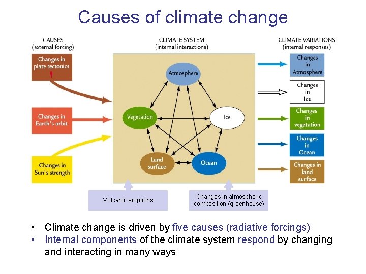 Causes of climate change Volcanic eruptions Changes in atmospheric composition (greenhouse) • Climate change