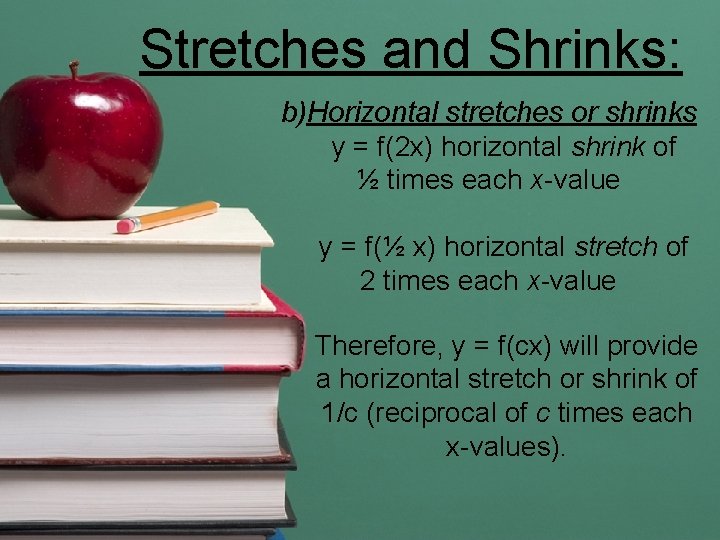 Stretches and Shrinks: b)Horizontal stretches or shrinks y = f(2 x) horizontal shrink of Stretches and Shrinks: b)Horizontal stretches or shrinks y = f(2 x) horizontal shrink of