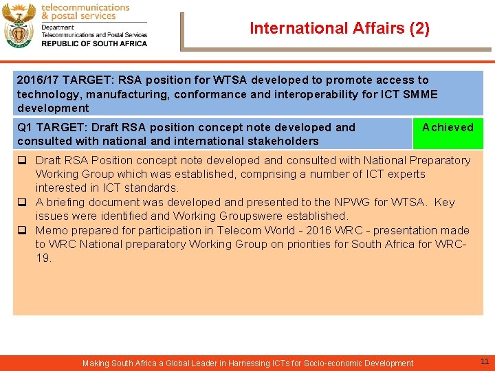 International Affairs (2) 2016/17 TARGET: RSA position for WTSA developed to promote access to