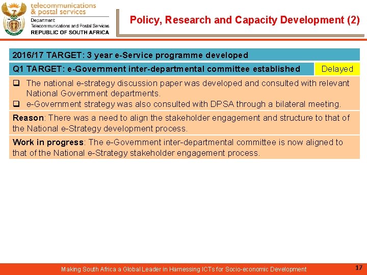  Policy, Research and Capacity Development (2) 2016/17 TARGET: 3 year e-Service programme developed