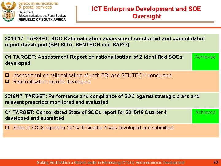 ICT Enterprise Development and SOE Oversight 2016/17 TARGET: SOC Rationalisation assessment conducted and consolidated