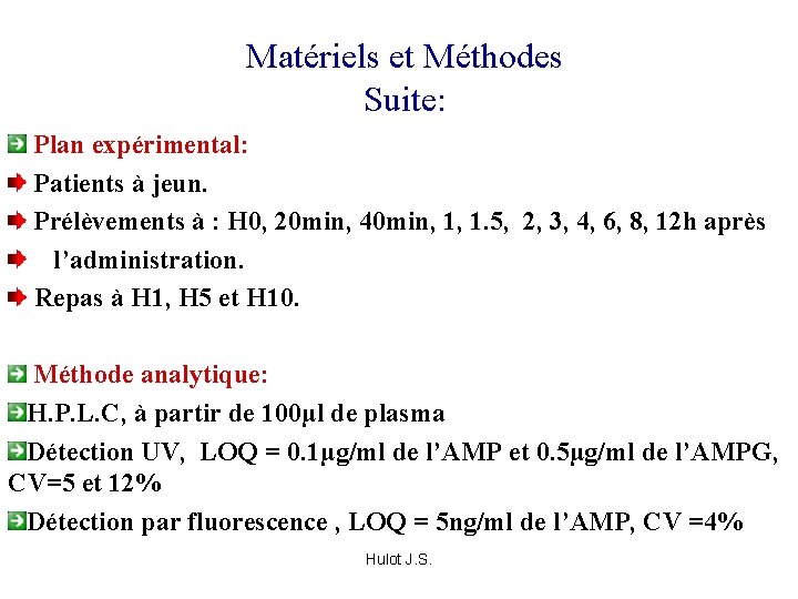 Matériels et Méthodes Suite: Plan expérimental: Patients à jeun. Prélèvements à : H 0,