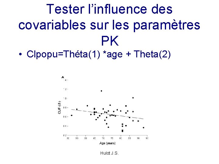 Tester l’influence des covariables sur les paramètres PK • Clpopu=Théta(1) *age + Theta(2) Hulot