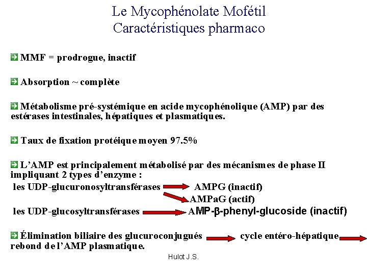 Le Mycophénolate Mofétil Caractéristiques pharmaco MMF = prodrogue, inactif Absorption ~ complète Métabolisme pré-systémique