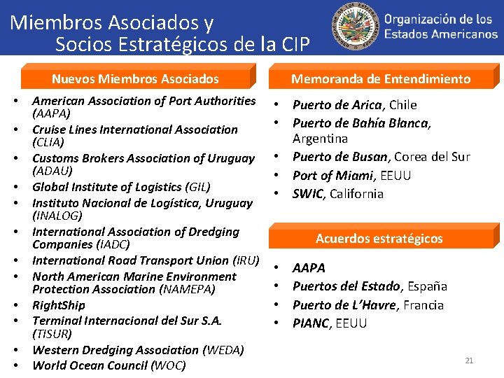 Miembros Asociados y Socios Estratégicos de la CIP Nuevos Miembros Asociados Eventos hemisféricos de