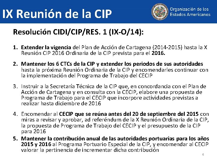 IX Reunión de la CIP Resolución CIDI/CIP/RES. 1 (IX-O/14): 1. Extender la vigencia del