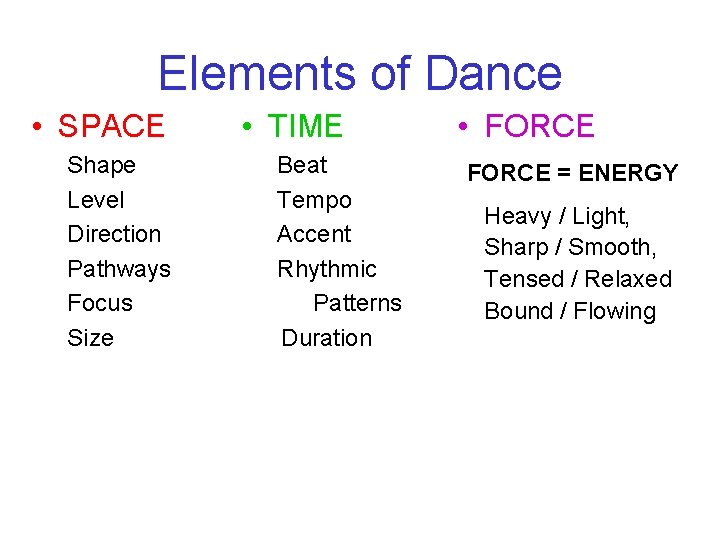 Elements of Dance • SPACE Shape Level Direction Pathways Focus Size • TIME Beat
