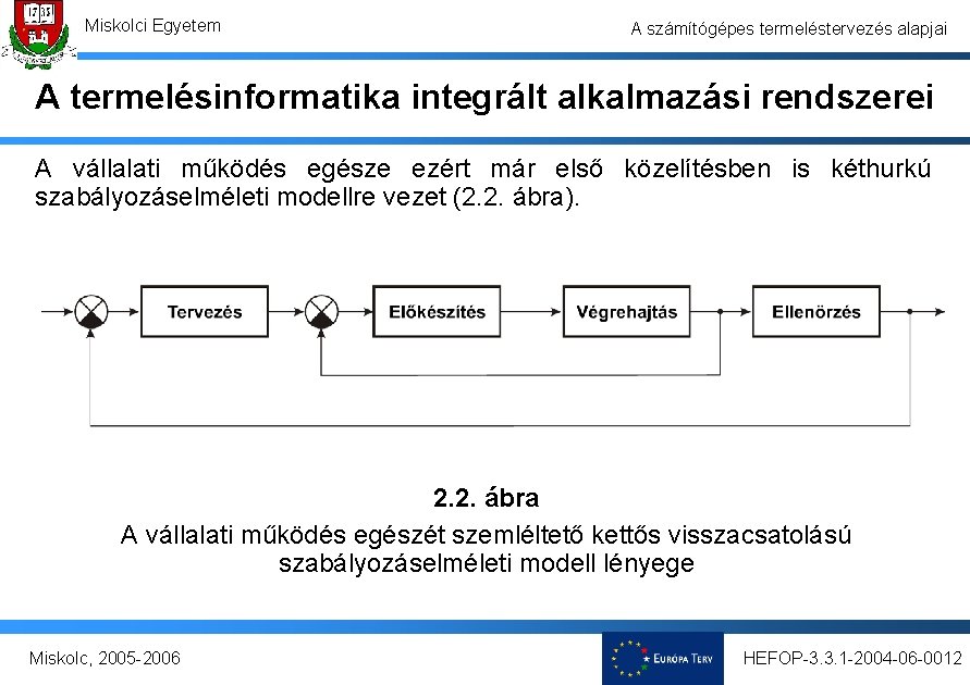 Miskolci Egyetem A számítógépes termeléstervezés alapjai A termelésinformatika integrált alkalmazási rendszerei A vállalati működés Miskolci Egyetem A számítógépes termeléstervezés alapjai A termelésinformatika integrált alkalmazási rendszerei A vállalati működés